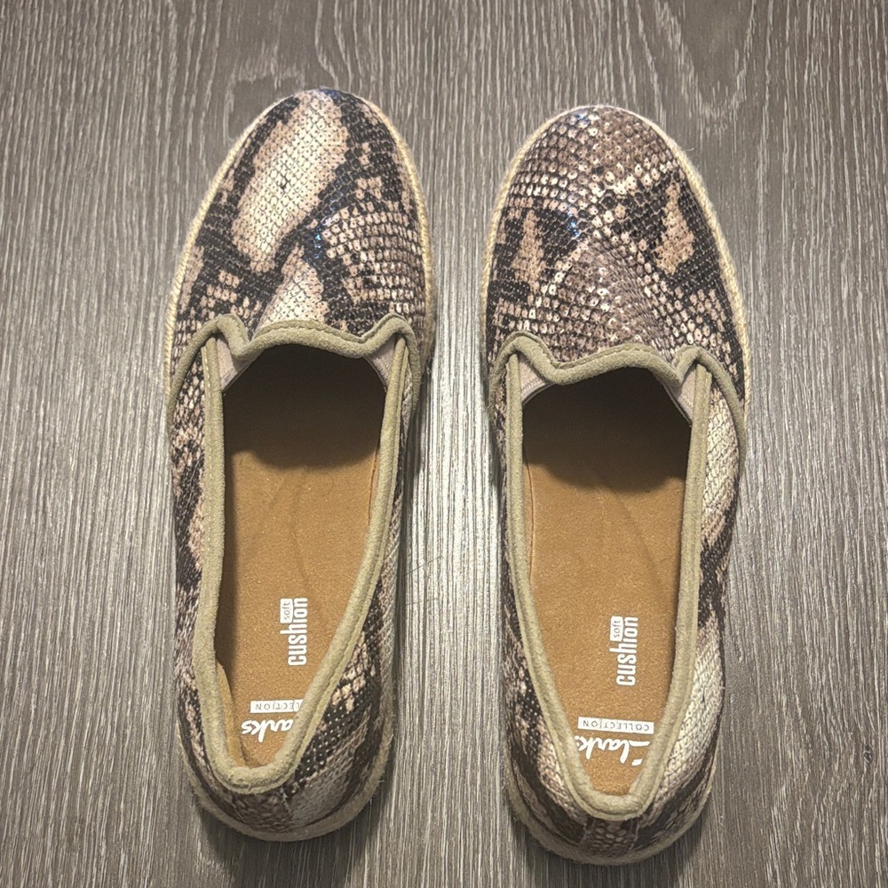 Clarks Women's Brown and Cream Snakeskin Loafers